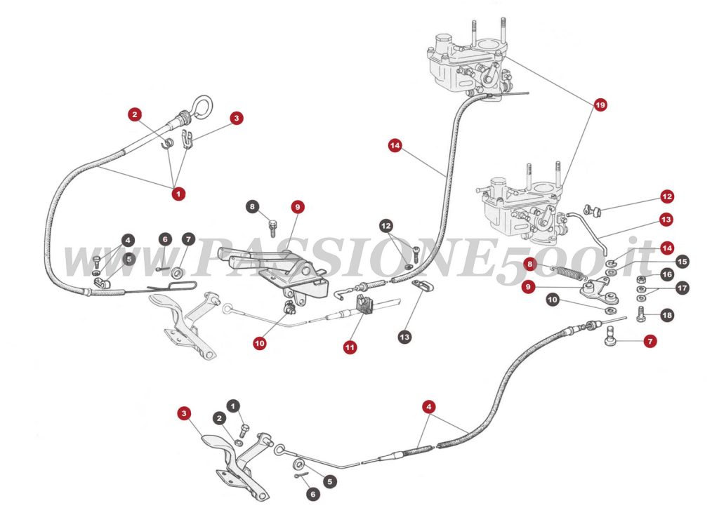EXPLODED VIEW 10M – Throttle and carburettor control FIAT 500R