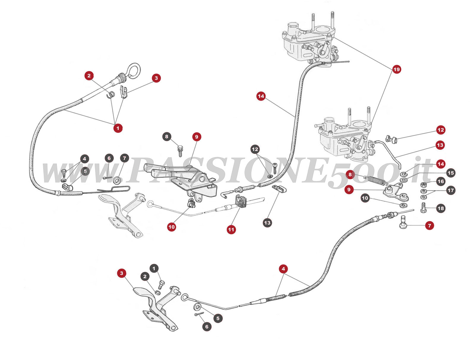 EXPLODED VIEW 10M – Throttle and carburettor control FIAT 500R