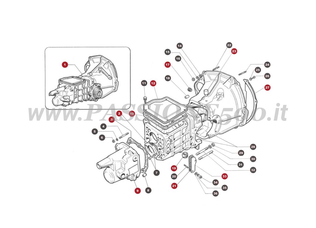 VUE EN ÈCLATÈ 17M – Carter boite de vitesses et differentiel FIAT 500 Giardiniera Base F