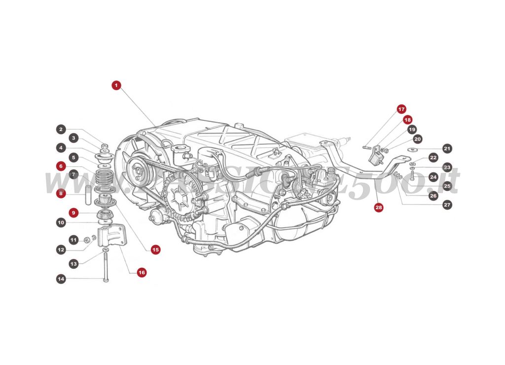 VUE EN ÈCLATÈ 26M – Suspension moteur et boite de vitesses FIAT 500 Giardiniera Base F