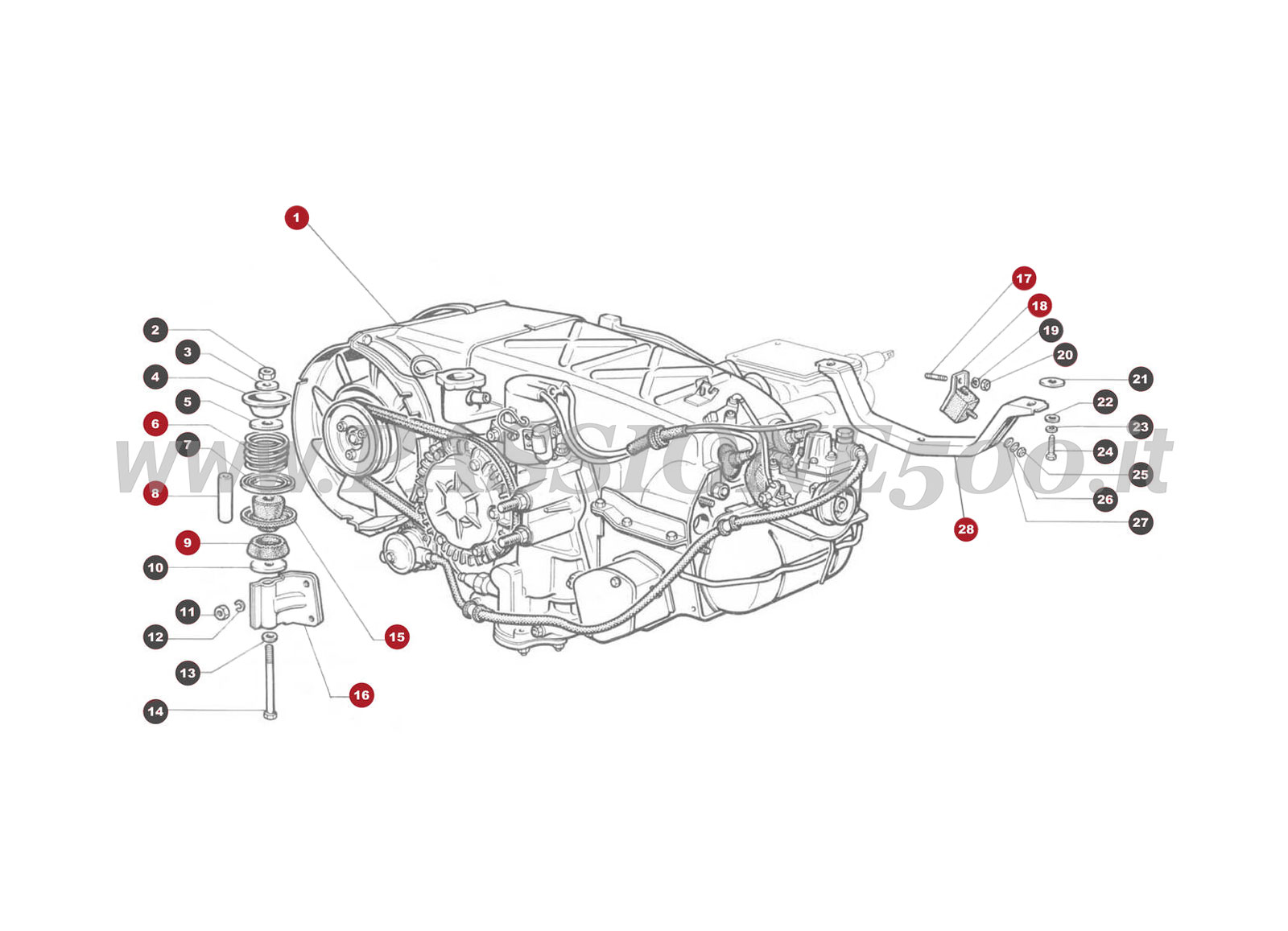 VUE EN ÈCLATÈ 26M – Suspension moteur et boite de vitesses FIAT 500 Giardiniera Base F
