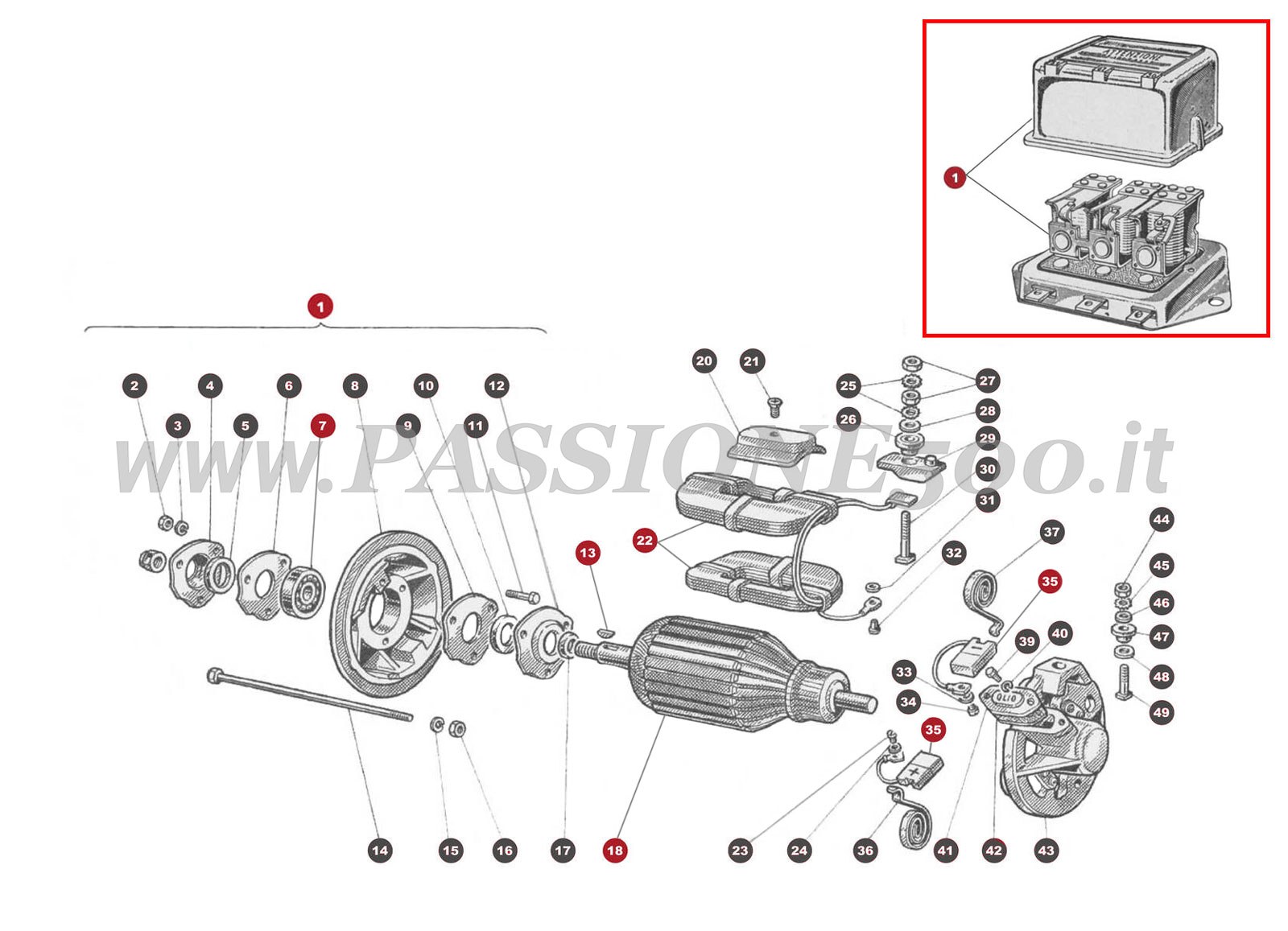 EXPLODED VIEW 38M – Dynamo and Regulator FIAT 500 Giardiniera Base D