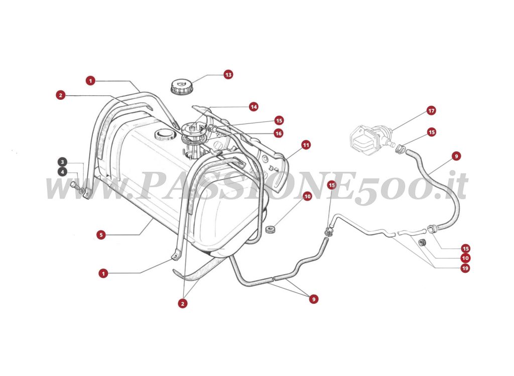 VUE EN ÈCLATÈ 7M – Réservoir et systéme essence FIAT 500 Giardiniera Base F