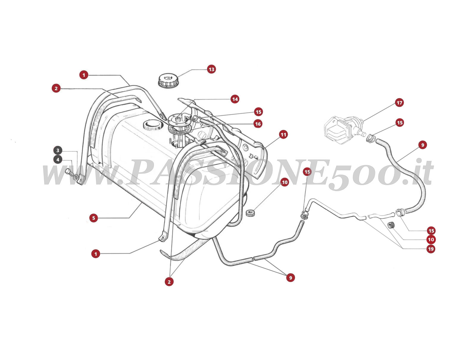 ESPLOSO 7M – Serbatoio e alimentazione benzina FIAT 500 Giardiniera Base F