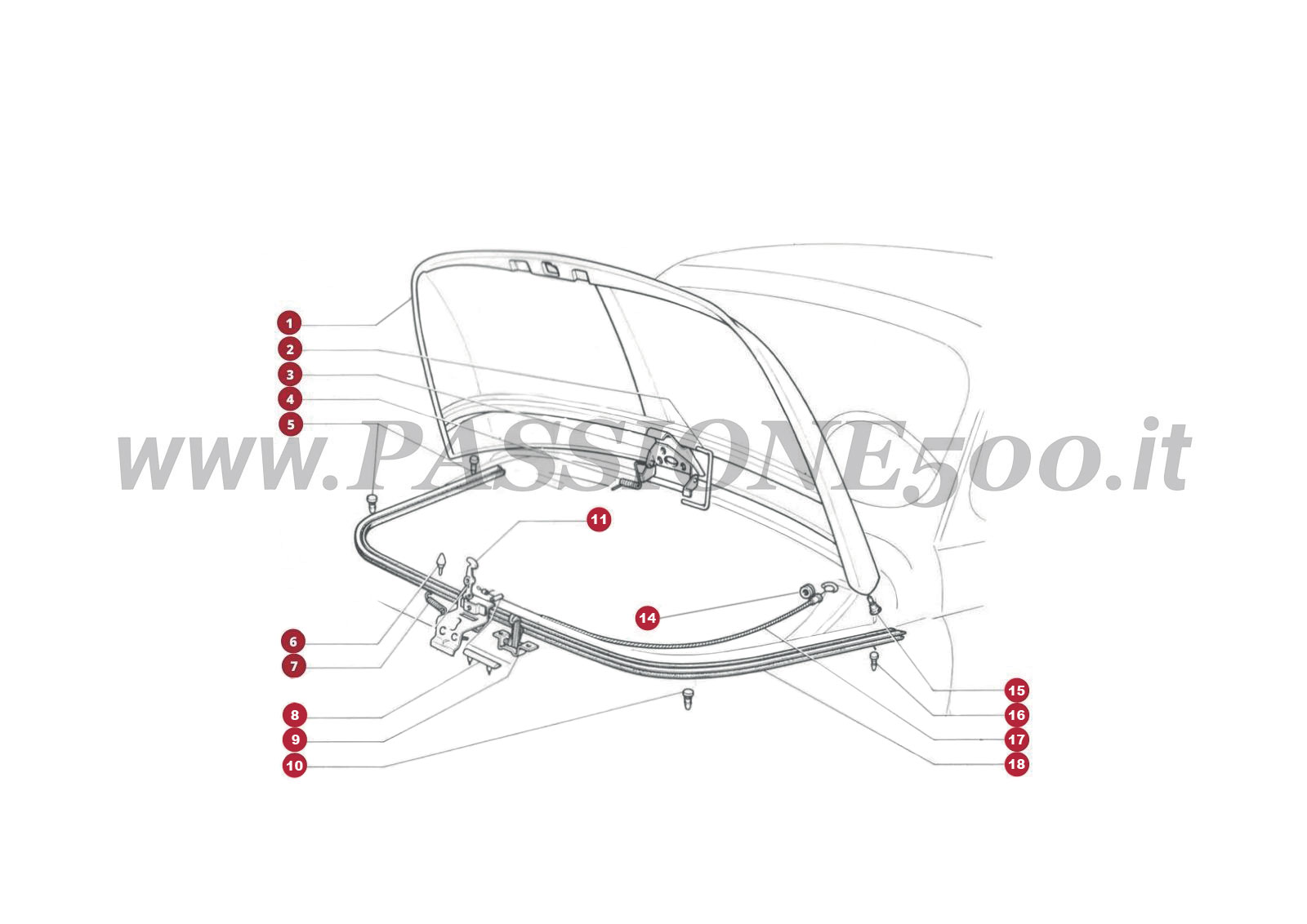 VUE EN ÈCLATÈ 1C – Capot avant er particulier FIAT Autobianchi 500 Giardiniera base F