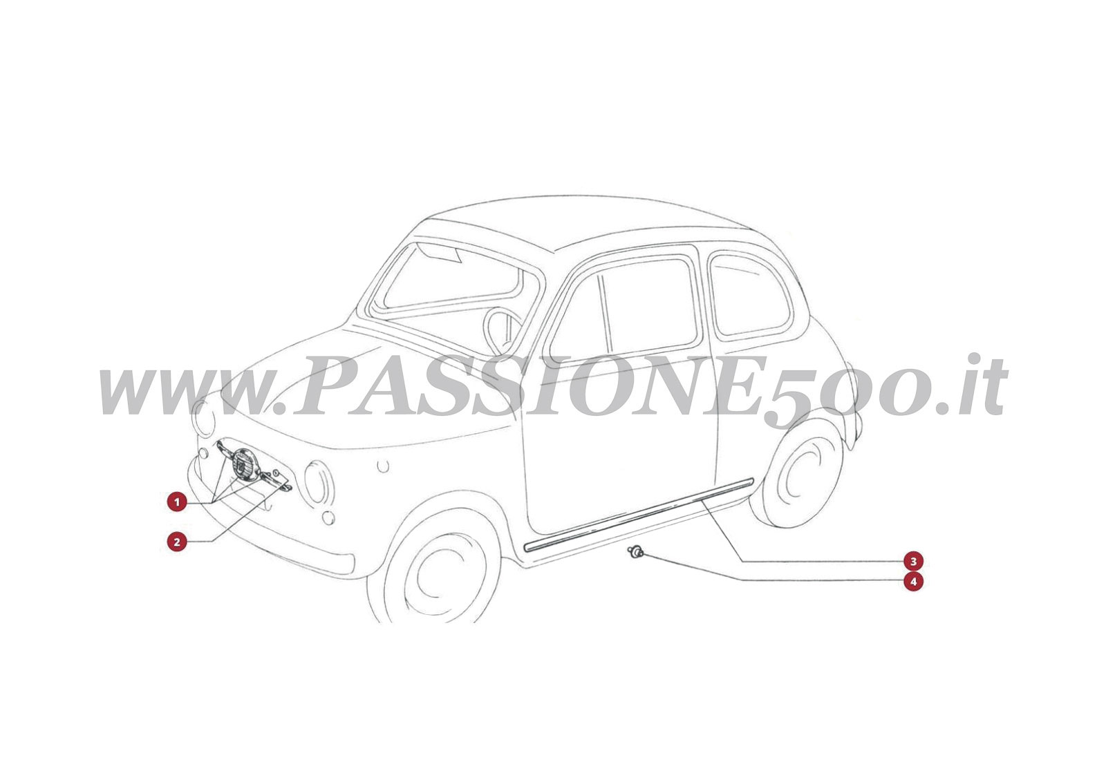 VUE EN ÈCLATÈ 12C – Monogramme avant et baguettes FIAT 500F