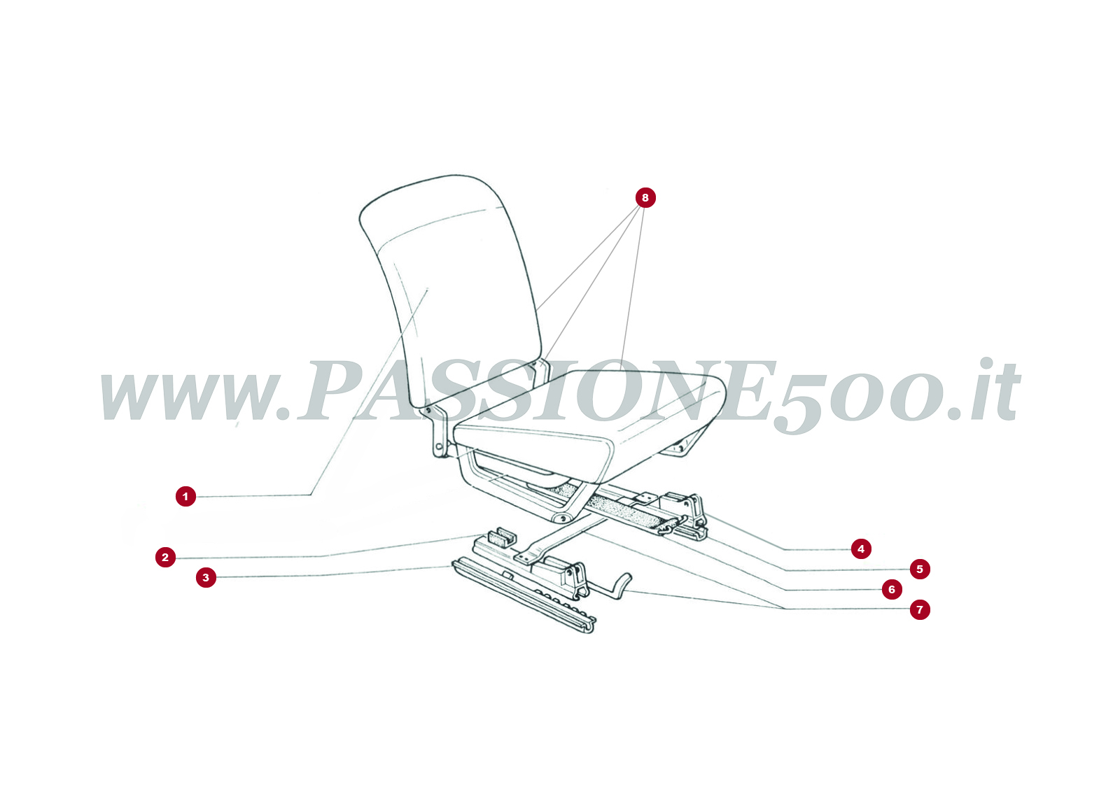 VUE EN ÈCLATÈ 16C/1 – Siège avant type rabattable et particulier FIAT 500F