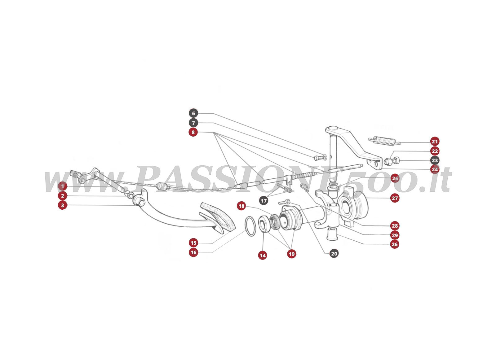 VUE EN ÈCLATÈ 15M – Commande désengagement embrayage FIAT 500 Giardiniera Base F