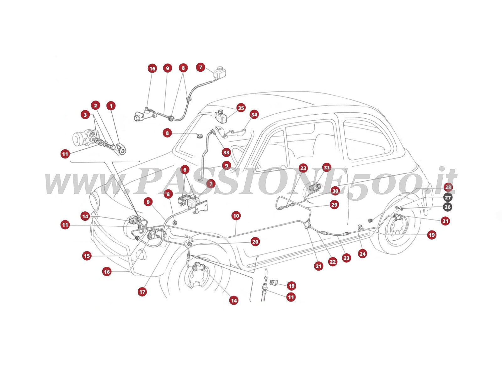 ESPLOSO 23M – Comando e Distribuzione idraulica impianto frenante FIAT 500F