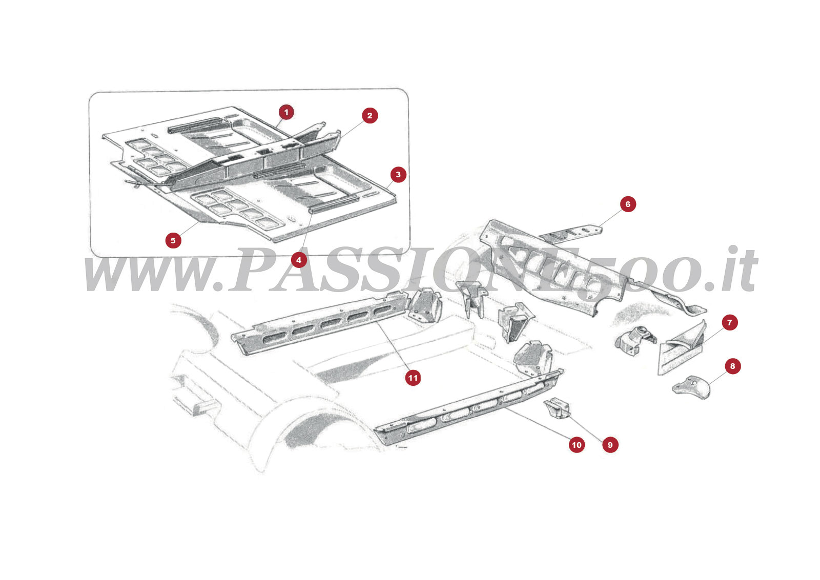 VUE EN ÈCLATÈ 3C – Plancher central et particulier FIAT 500D