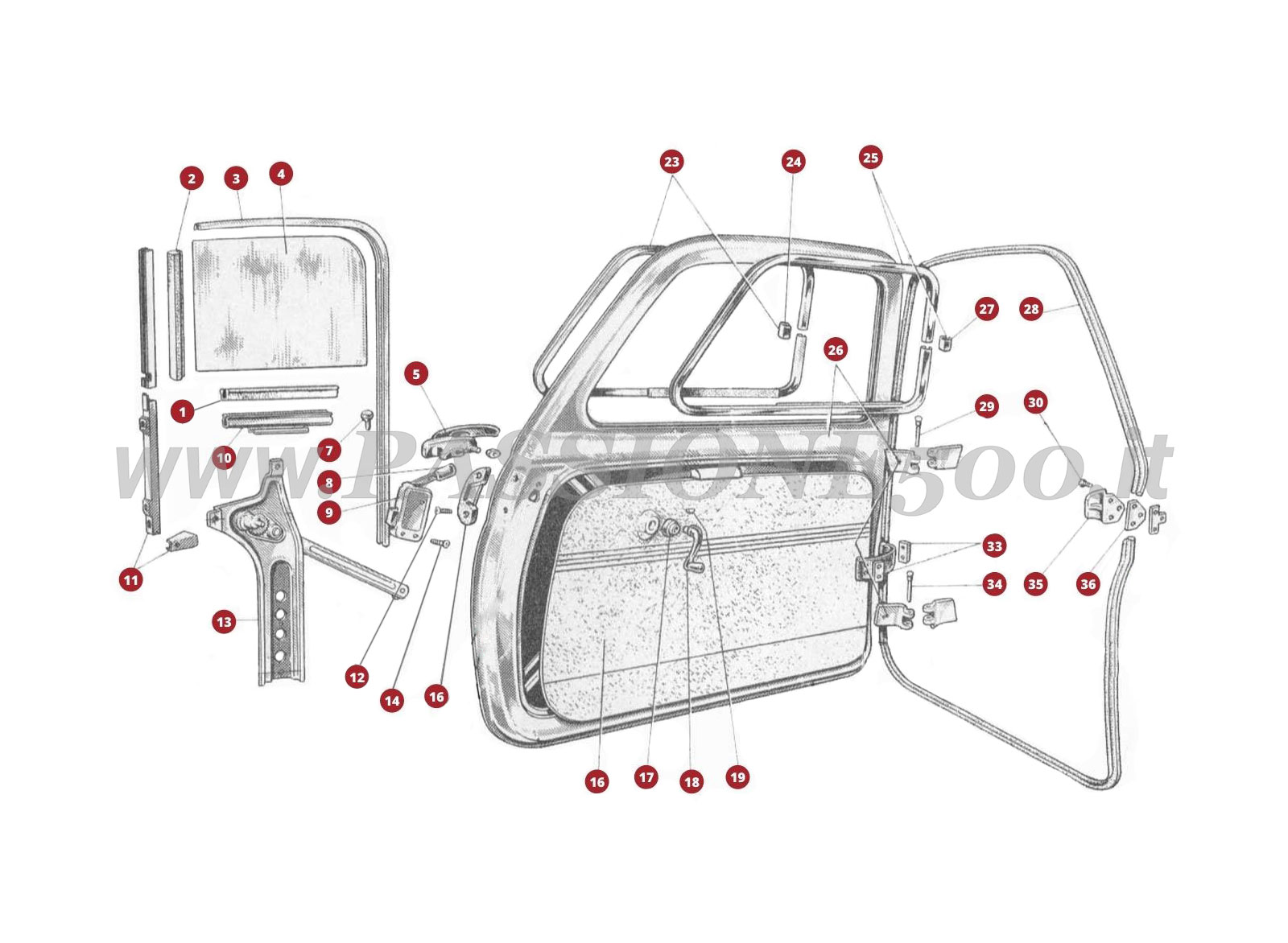 VUE EN ÈCLATÈ 7C/1 – Portière et particulier FIAT 500D du n° de pièces détachées 314071