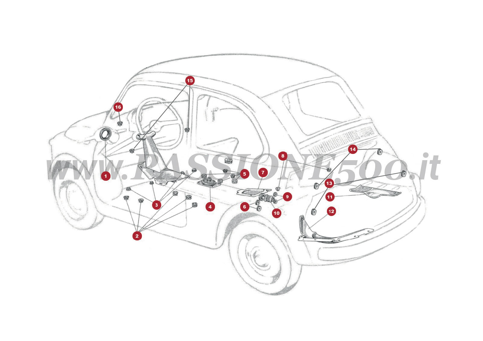 VUE EN ÈCLATÈ 15C – Carter de protection et bouchon en caoutchouc FIAT 500D