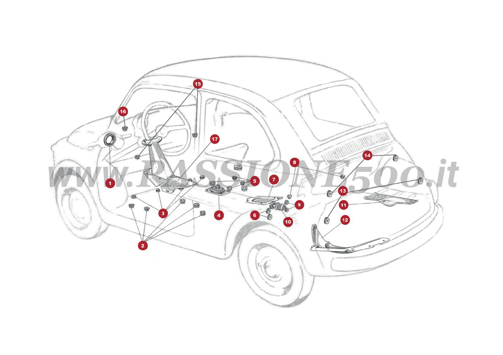 VUE EN ÈCLATÈ 15C – Carter de protection et bouchon en caoutchouc FIAT 500N