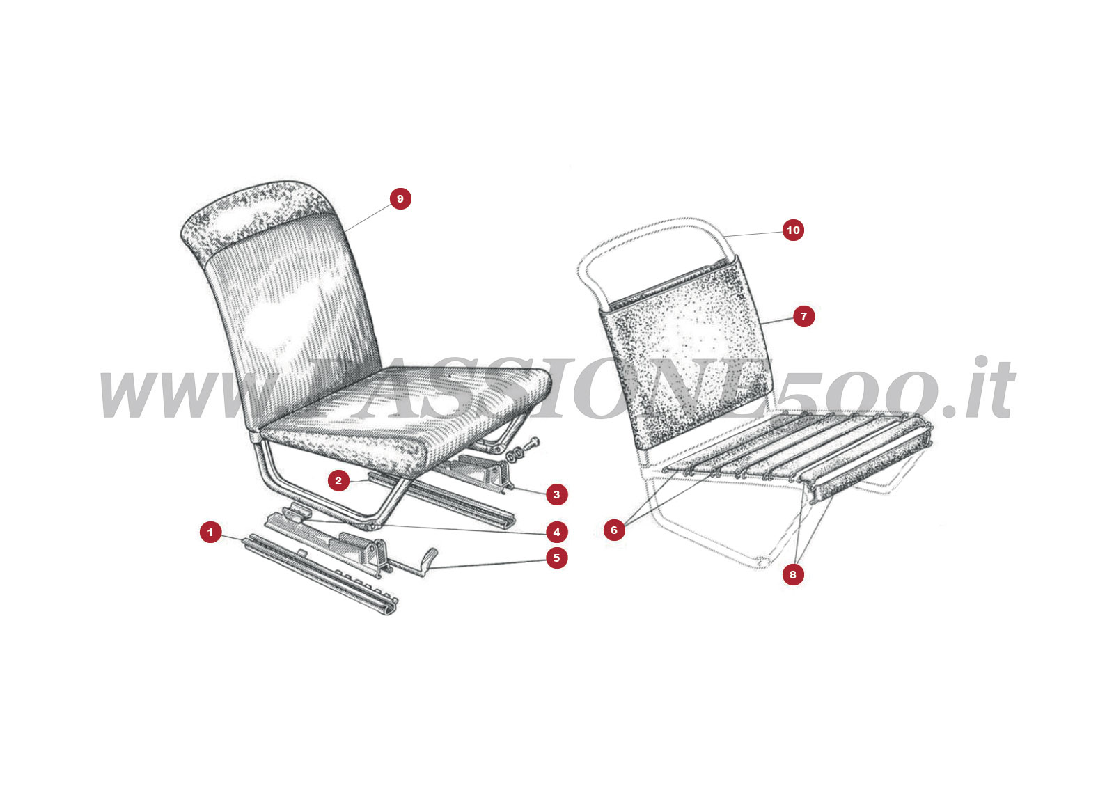VUE EN ÈCLATÈ 18C – Siège avant et particulier FIAT 500D