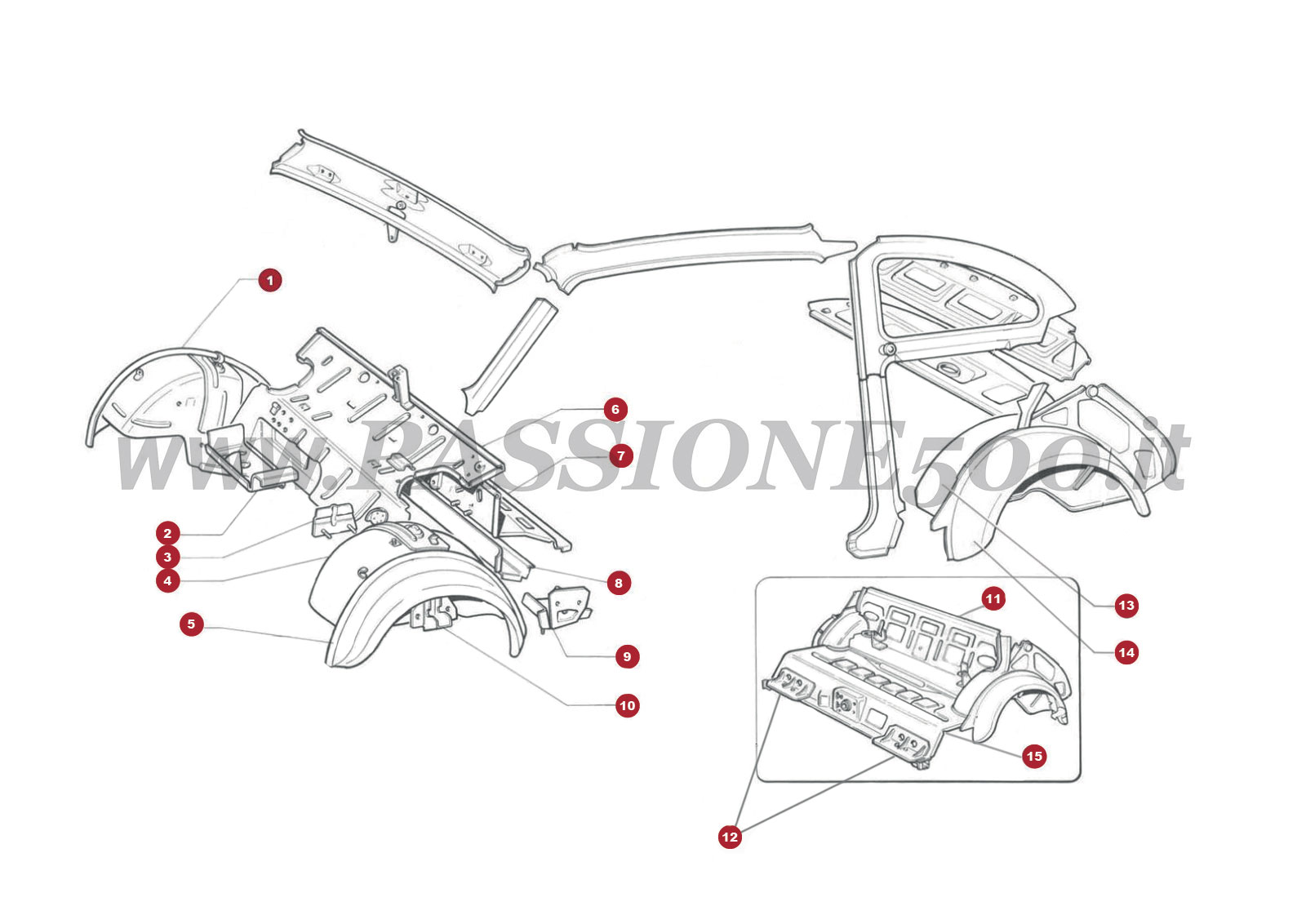VUE EN ÈCLATÈ 4C – Pièces internes de carrosserie avant et arrière FIAT 500F