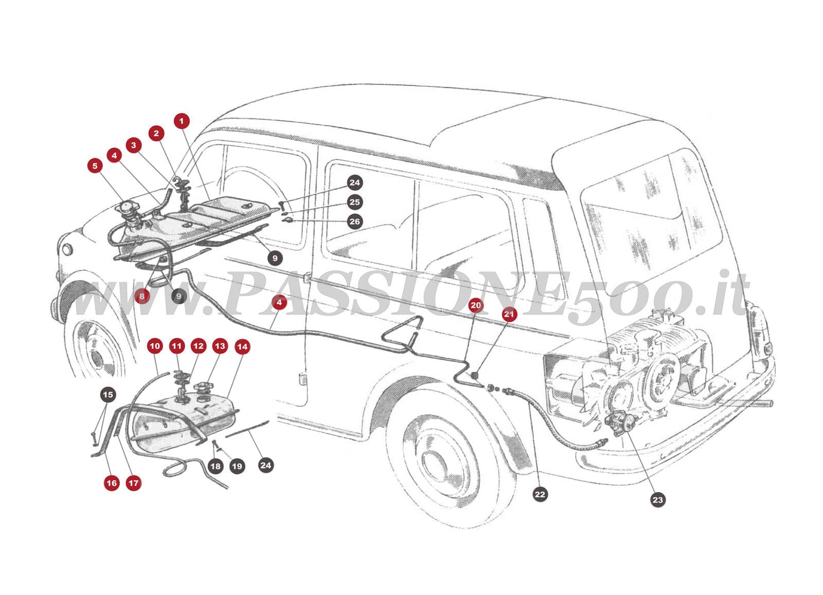 EXPLOSIONSZEICHNUNG 7M – Benzintank und benzinanlage FIAT 500 Giardiniera Base D